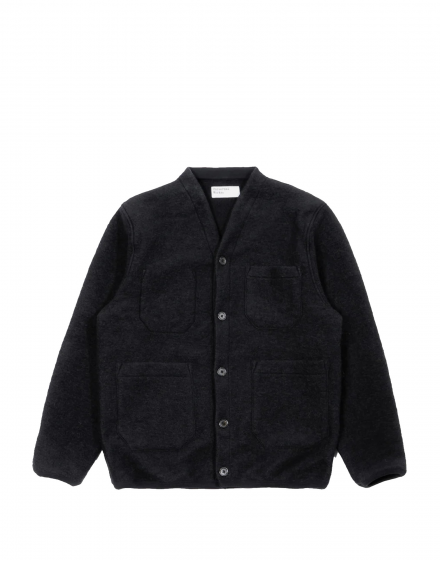 Universal Works Cardigan In Black Wool Fleece