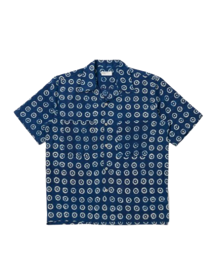 Universal Works Indigo Block Print Circles Camper Shirt